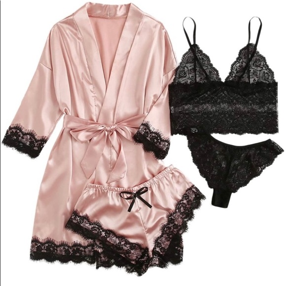 Other - ‼️TEMP PRICE DROP ‼️Pink and black satin and lace pajamas set